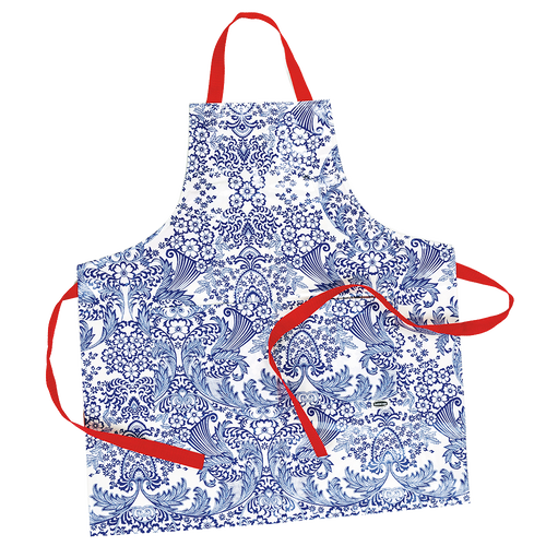 Handcrafted vinyl apron with intricate blue floral retro pattern and bright red adjustable straps, featuring two large pockets, designed for Kitchen & Food, Kitchen Accessories, USA Made, and Best Sellers collections.