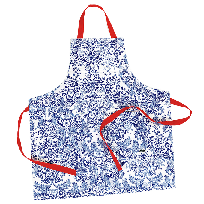 Handcrafted vinyl apron with intricate blue floral retro pattern and bright red adjustable straps, featuring two large pockets, designed for Kitchen & Food, Kitchen Accessories, USA Made, and Best Sellers collections.