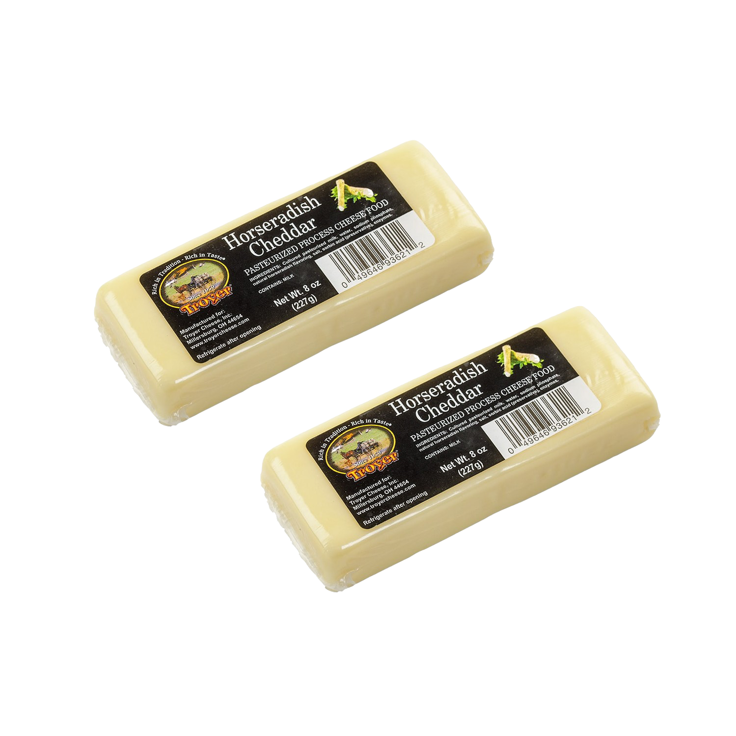 Two handcrafted shelf-stable horseradish cheddar cheese blocks in 8-ounce packs, made in USA, perfect for Kitchen & Food, Snacks and Sweets, Pantry, USA Made, Best Sellers, and Promo Eligible collections.