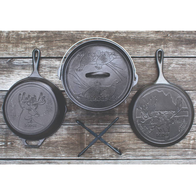 Handcrafted cast iron cookware set featuring embossed wildlife designs of a moose, pheasant, and deer on skillet and Dutch oven, made in USA for Kitchen & Food collections.