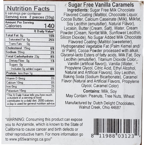 Nutrition label and ingredients list for sugar-free vanilla caramels made in USA, featuring sugar-free milk chocolate coating and caramel flavor, found in Kitchen & Food and Candy collections.