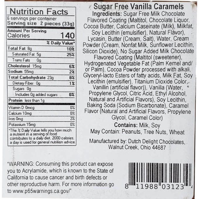 Nutrition label and ingredients list for sugar-free vanilla caramels made in USA, featuring sugar-free milk chocolate coating and caramel flavor, found in Kitchen & Food and Candy collections.