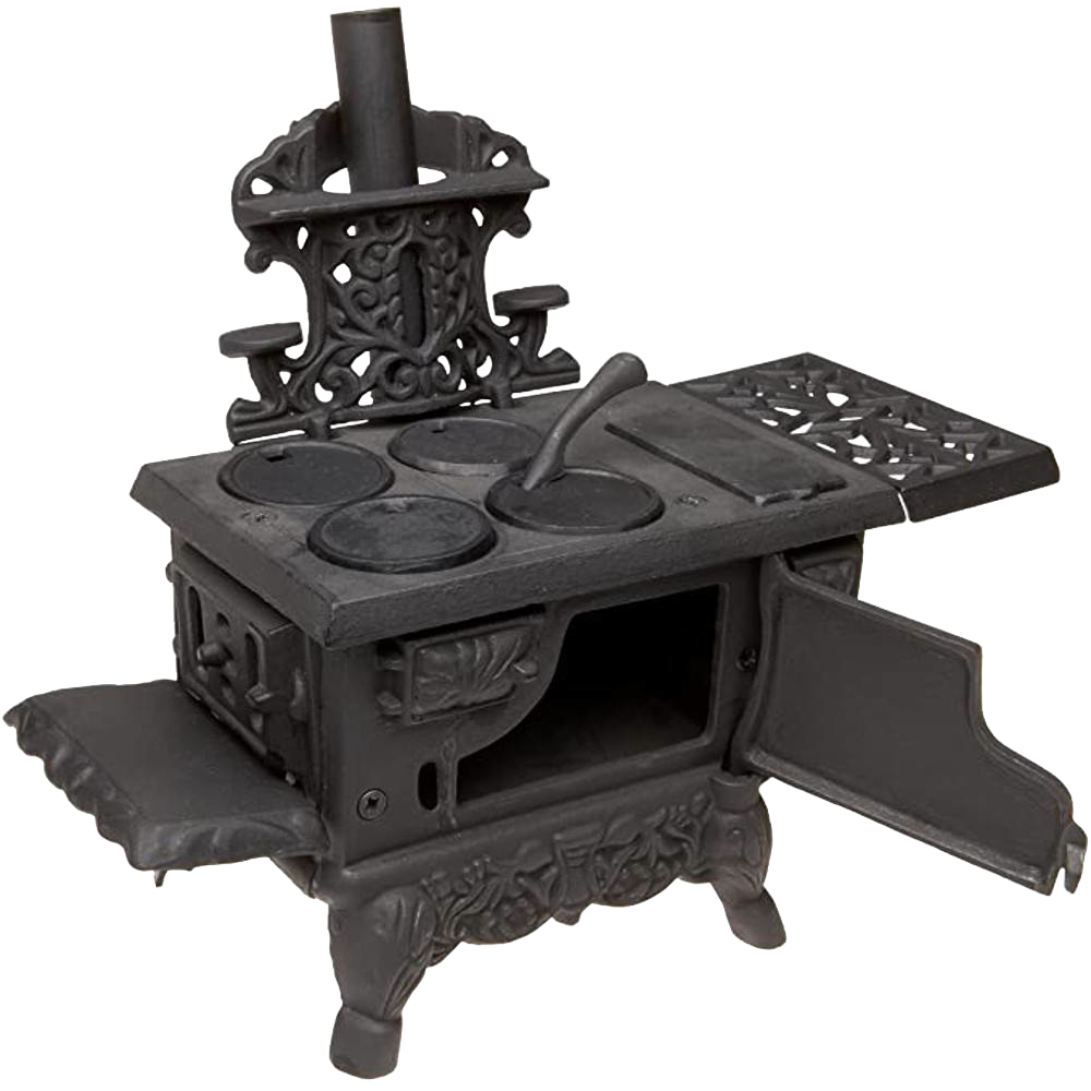 Miniature cast iron wood cook stove replica with working oven doors, removable lids, lid lifter, two pots, skillet, and coal hod, designed for Toys, Books & Games, Children's Toys, and Indoor Play collections.