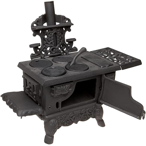Miniature cast iron wood cook stove replica with working oven doors, removable lids, lid lifter, two pots, skillet, and coal hod, designed for Toys, Books & Games, Children's Toys, and Indoor Play collections.