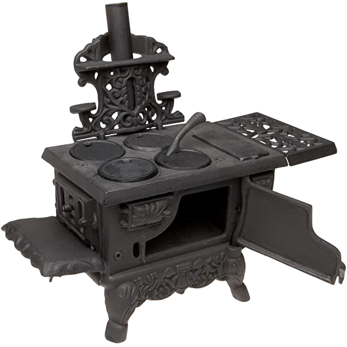 Miniature cast iron wood cook stove replica with working oven doors, removable lids, lid lifter, two pots, skillet, and coal hod, designed for Toys, Books & Games, Children's Toys, and Indoor Play collections.