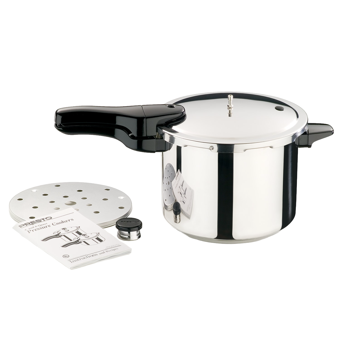 Sleek stainless steel pressure cooker with black handle, featuring tri-clad base and included accessories, perfect for Kitchen & Food, Cookware, Pots and Pans, Best Sellers, and Promo Eligible collections.