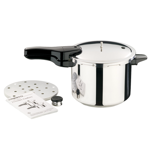 Sleek stainless steel pressure cooker with black handle, featuring tri-clad base and included accessories, perfect for Kitchen & Food, Cookware, Pots and Pans, Best Sellers, and Promo Eligible collections.