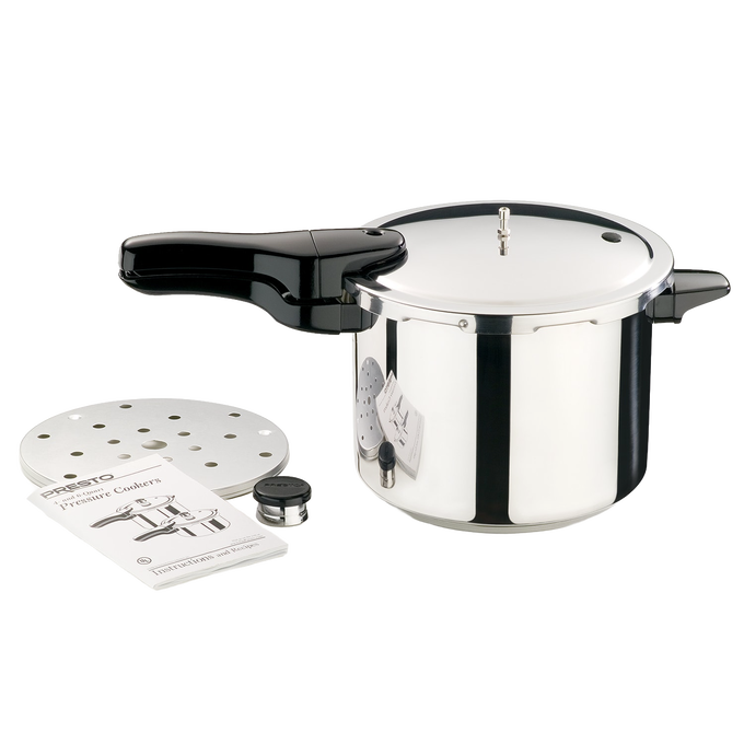 Sleek stainless steel pressure cooker with black handle, featuring tri-clad base and included accessories, perfect for Kitchen & Food, Cookware, Pots and Pans, Best Sellers, and Promo Eligible collections.