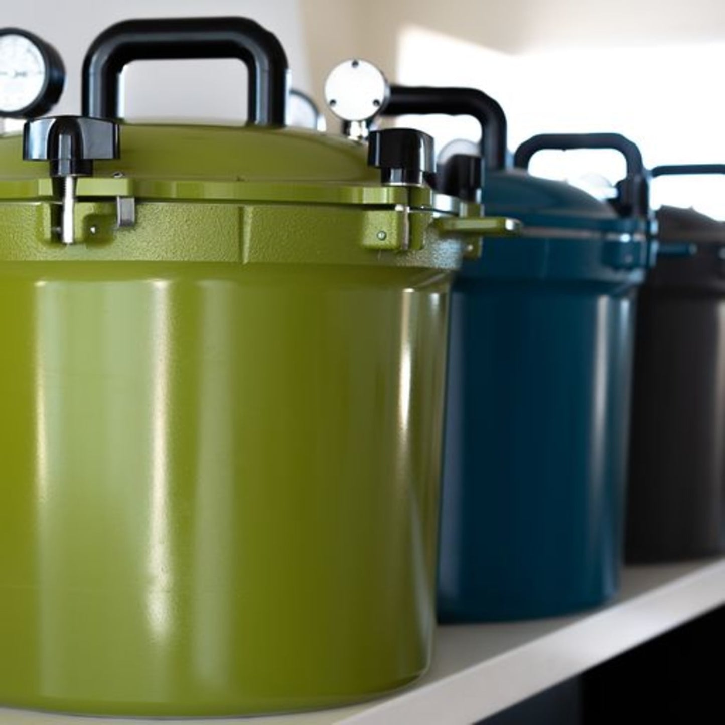 Set of handcrafted 21.5-quart pressure canners in vibrant green, blue, and gray colors with secure locking lids and pressure gauges, ideal for Kitchen & Food and Food Preservation collections.