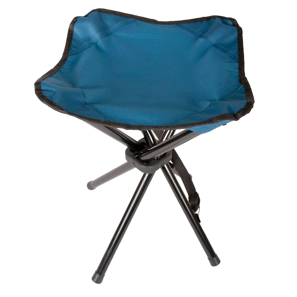 Compact three-legged folding stool with a durable blue fabric seat and sturdy black metal legs, lightweight for easy transport, ideal for camping, farm, garden, and outdoor gatherings.