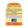 Label for handcrafted orange oil wood polish made in USA, highlighting natural orange oil for cleaning, conditioning, and enhancing wood surfaces, suitable for home and decor use.