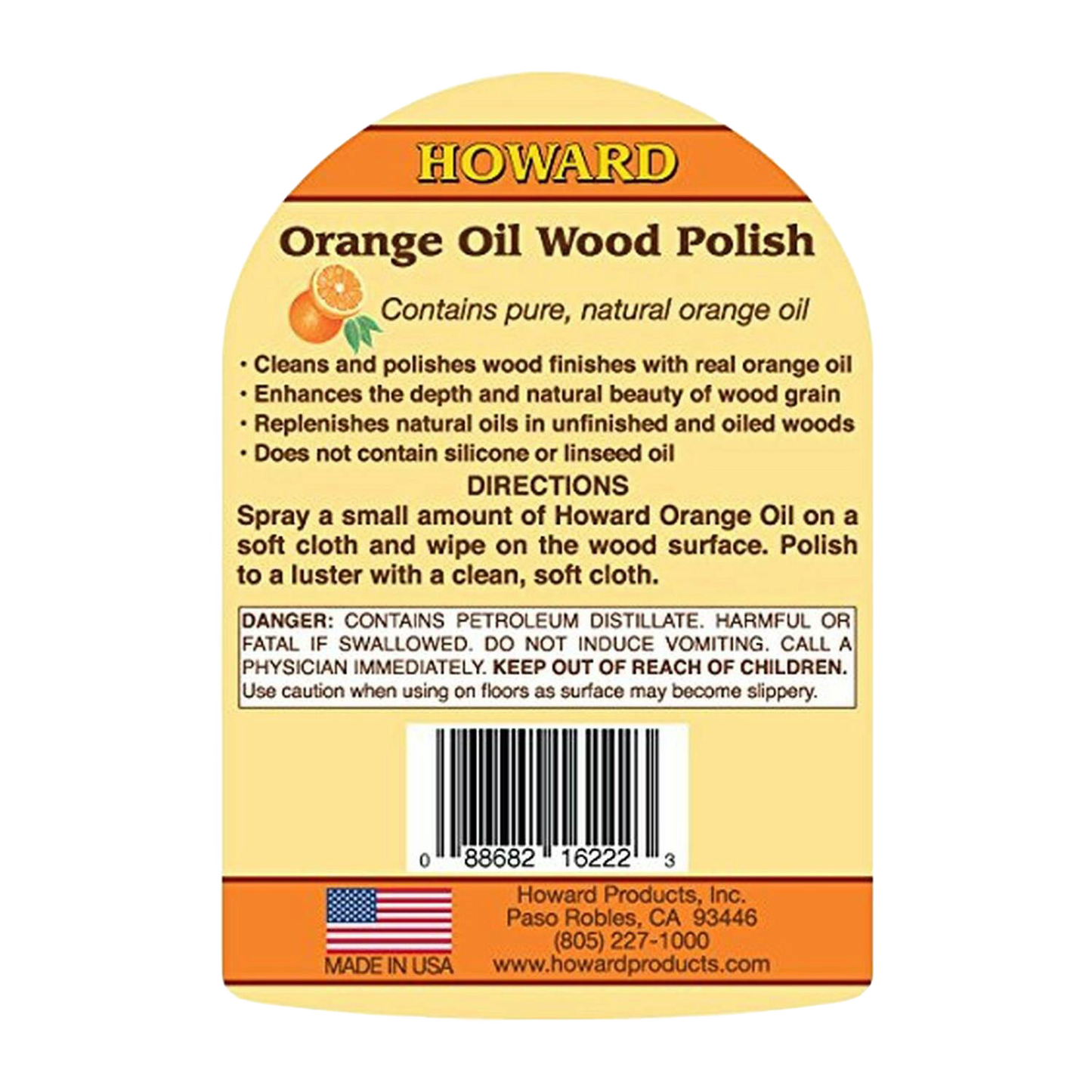 Label for handcrafted orange oil wood polish made in USA, highlighting natural orange oil for cleaning, conditioning, and enhancing wood surfaces, suitable for home and decor use.