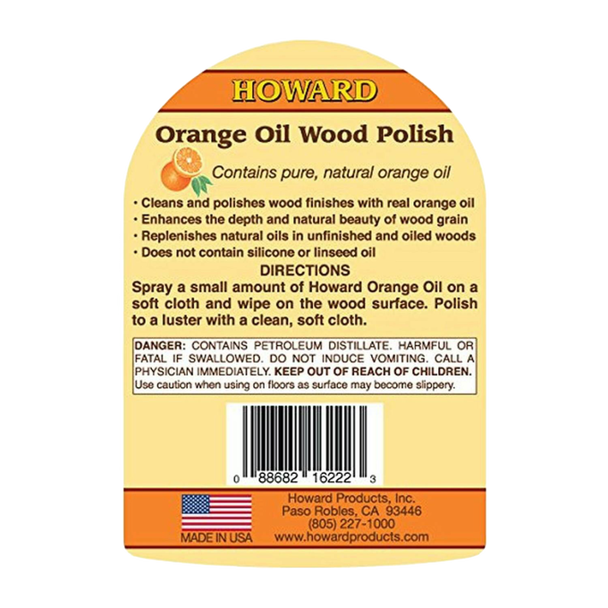 Label for handcrafted orange oil wood polish made in USA, highlighting natural orange oil for cleaning, conditioning, and enhancing wood surfaces, suitable for home and decor use.