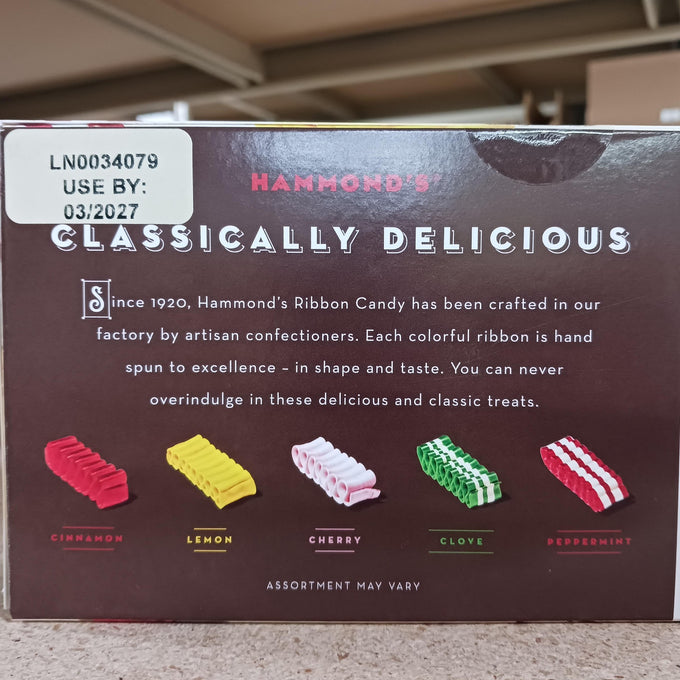 Back of Hammond’s handspun ribbon candy gift box featuring colorful artisan-crafted candy ribbons in cinnamon, lemon, cherry, clove, and peppermint flavors, highlighting USA Made and Snacks and Sweets collections.