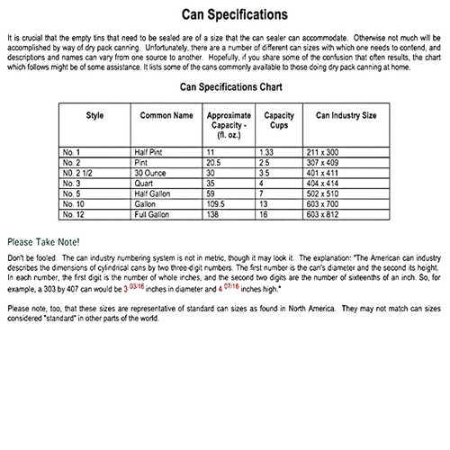 Specifications chart detailing standard sizes, closure diameters, and height measurements for various types of No. 2 cans, including color-coded notes and best-use recommendations for food preservation and canning accessories in kitchen and food collections.