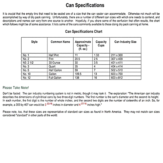 Specifications chart detailing standard sizes, closure diameters, and height measurements for various types of No. 2 cans, including color-coded notes and best-use recommendations for food preservation and canning accessories in kitchen and food collections.