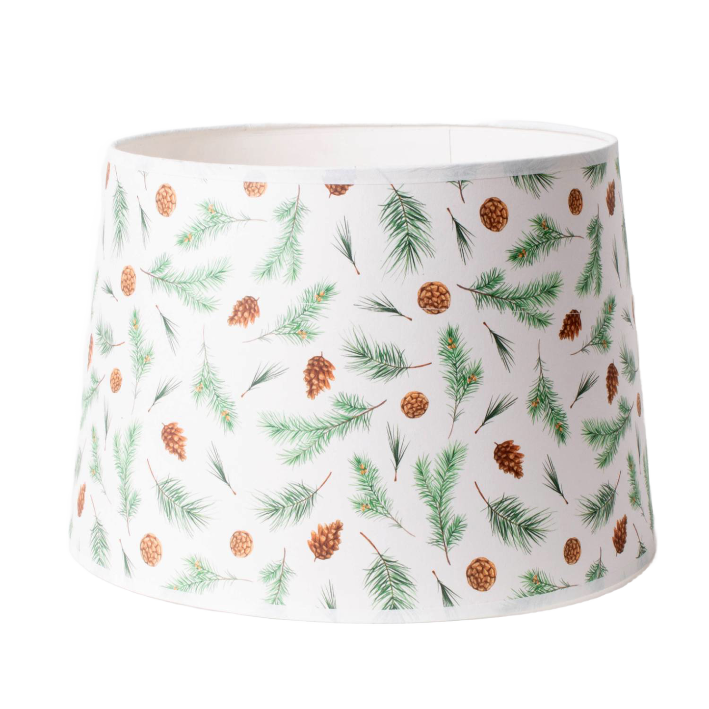 Traditional parchment lamp shade featuring a delicate pine bough and pinecone print, handcrafted to enhance warm lighting in lamps and lighting, parts and accessories collections.