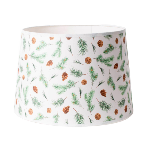 Traditional parchment lamp shade featuring a delicate pine bough and pinecone print, handcrafted to enhance warm lighting in lamps and lighting, parts and accessories collections.
