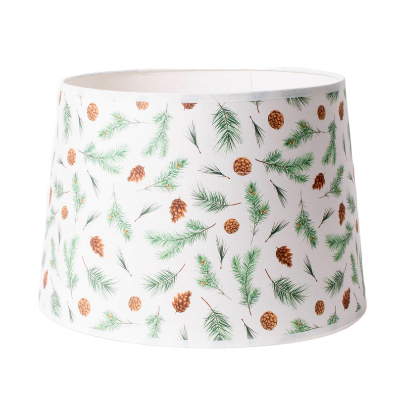 Traditional parchment lamp shade featuring a delicate pine bough and pinecone print, handcrafted to enhance warm lighting in lamps and lighting, parts and accessories collections.