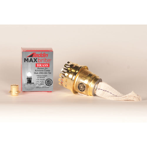 Brass lamp burner with woven cotton wick and adjustable flame control, ideal for lamps in Lamps & Lighting, Parts and Accessories, Lamp Burners and Collars, Best Sellers, Promo Eligible collections.