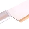 Close-up of a handcrafted stainless steel chef's knife with a smooth metal handle and sharp blade, demonstrating quality craftsmanship from USA made kitchen knives collections.