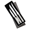Set of three handcrafted steel knives with textured blades and smooth silver handles, neatly arranged in a black foam-lined gift box, ideal for kitchen food prep and USA made collections.