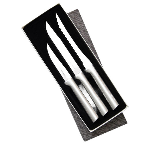 Set of three handcrafted steel knives with textured blades and smooth silver handles, neatly arranged in a black foam-lined gift box, ideal for kitchen food prep and USA made collections.