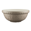 Stoneware mixing bowl embossed with woodland owl and leaf patterns in a neutral tone, designed for Kitchen & Food, Cookware, and Baking Supplies collections.