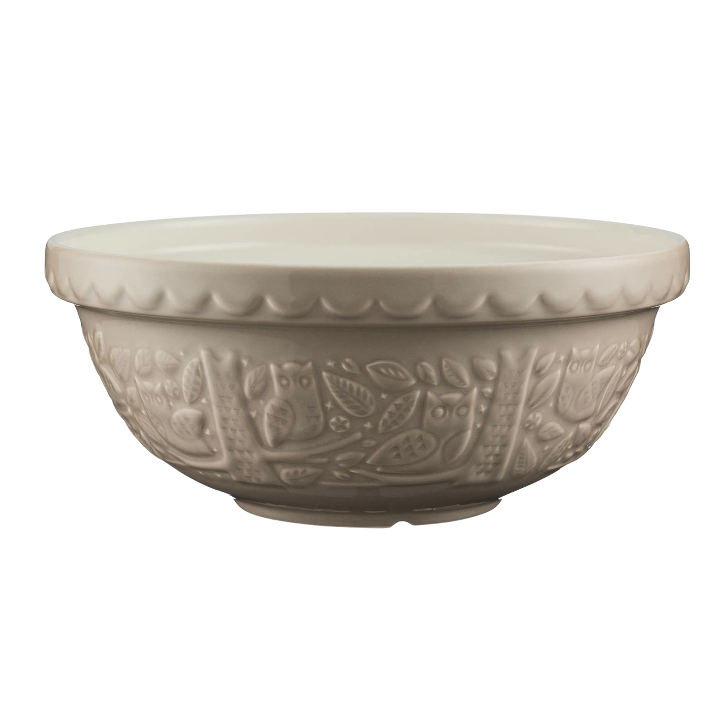 Stoneware mixing bowl embossed with woodland owl and leaf patterns in a neutral tone, designed for Kitchen & Food, Cookware, and Baking Supplies collections.