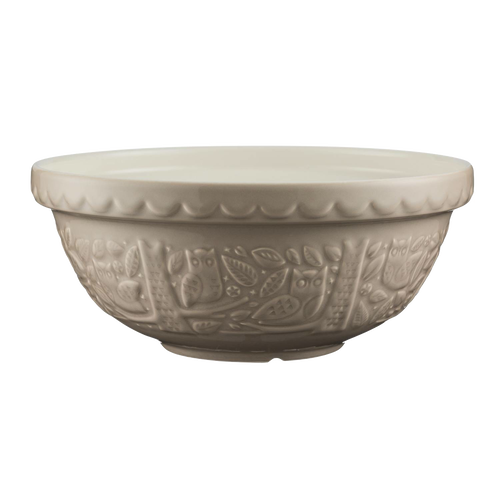 Stoneware mixing bowl embossed with woodland owl and leaf patterns in a neutral tone, designed for Kitchen & Food, Cookware, and Baking Supplies collections.