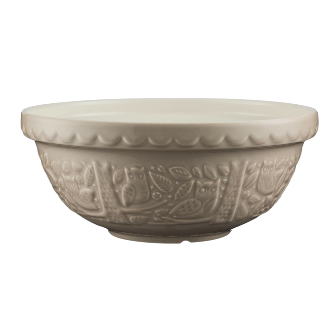 Stoneware mixing bowl embossed with woodland owl and leaf patterns in a neutral tone, designed for Kitchen & Food, Cookware, and Baking Supplies collections.
