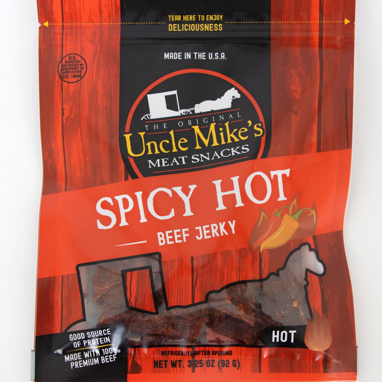 Resealable bag of handcrafted spicy hot beef jerky made in USA with 100% premium beef, highlighting a high-protein snack for Kitchen & Food, Snacks and Sweets, Meats, USA Made, and Best Sellers collections.