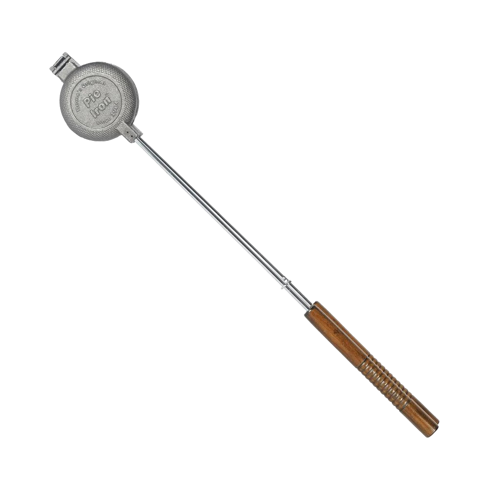 Handcrafted cast iron round pie iron with metal handle and wooden grip, assembled in the USA, ideal for Farm, Garden & Tool, Camping, and Best Sellers collections.