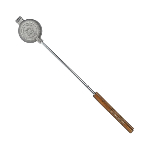 Handcrafted cast iron round pie iron with metal handle and wooden grip, assembled in the USA, ideal for Farm, Garden & Tool, Camping, and Best Sellers collections.