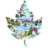 Handcrafted shaped jigsaw puzzle featuring a winter lake scene with ice skaters, snowman, dogs, birds, and snowy pine trees, part of USA Made, Toys & Games collections.