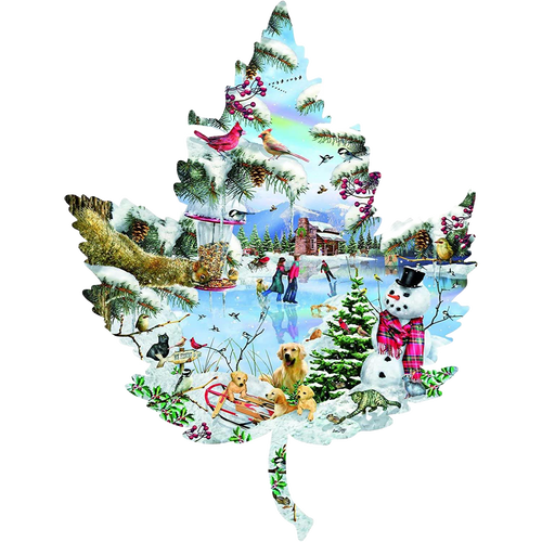 Handcrafted shaped jigsaw puzzle featuring a winter lake scene with ice skaters, snowman, dogs, birds, and snowy pine trees, part of USA Made, Toys & Games collections.