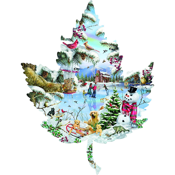Handcrafted shaped jigsaw puzzle featuring a winter lake scene with ice skaters, snowman, dogs, birds, and snowy pine trees, part of USA Made, Toys & Games collections.