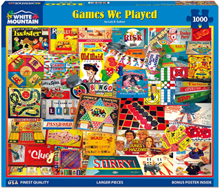 Colorful jigsaw puzzle featuring classic board games like Candy Land, Monopoly, and Bingo in a vibrant collage, crafted in the USA for Toys, Books & Games collections.