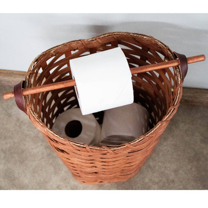 Handwoven maple wood toilet paper holder basket with birch dispensing rod, handcrafted in the USA by Amish artisans, holds four standard rolls, featured in Home & Decor and Household Helpers collections.