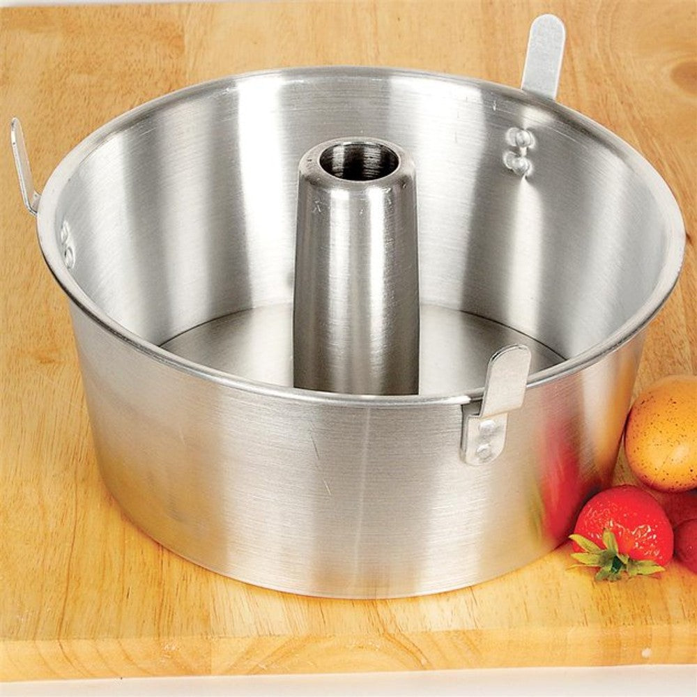 Round aluminum tube cake pan with removable bottom and cooling feet, designed for even baking and easy cake release, ideal for Kitchen & Food, Cookware, Baking Supplies, Best Sellers, and Promo Eligible collections.