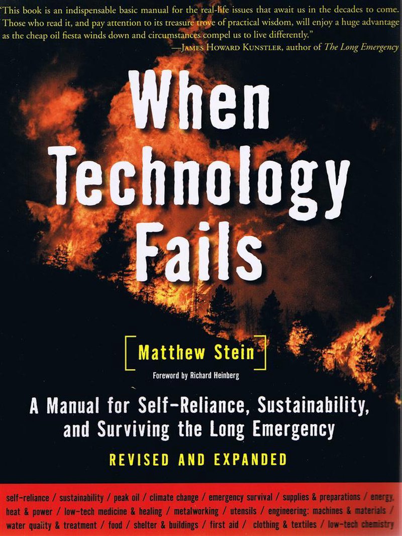 Book cover featuring a fiery background with bold white and yellow text titled "When Technology Fails," a manual for self-reliance and sustainability in Toys, Books & Games, Home and Garden How-To Books, and Best Sellers collections.
