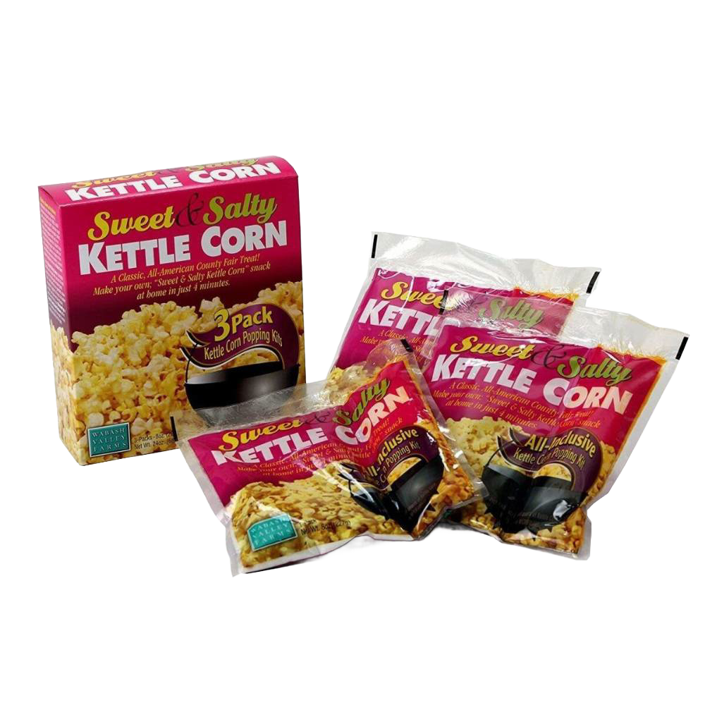 Box and three pouches of sweet and salty kettle corn popping kit with pre-measured ingredients for homemade popcorn, ideal for Kitchen & Food, Popcorn, Best Sellers collections.