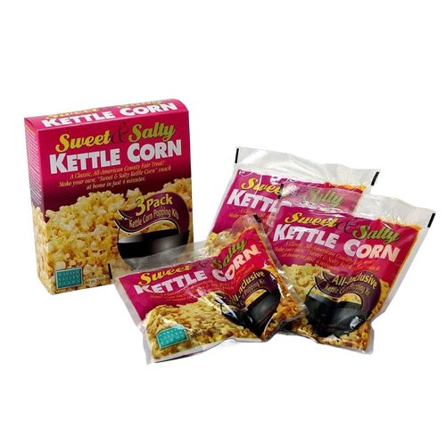 Box and three pouches of sweet and salty kettle corn popping kit with pre-measured ingredients for homemade popcorn, ideal for Kitchen & Food, Popcorn, Best Sellers collections.