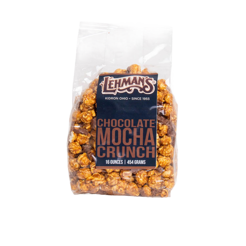 Clear bag of handcrafted caramel popcorn mixed with chocolate mocha pieces, made in USA, featured in Kitchen & Food, Snacks and Sweets, Popcorn, and Best Sellers collections.