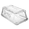 Transparent glass butter dish embossed with "Butter" on the lid and the Kilner® logo on the side, designed for fresh butter storage and serving in Kitchen & Food and Specialty Equipment collections.