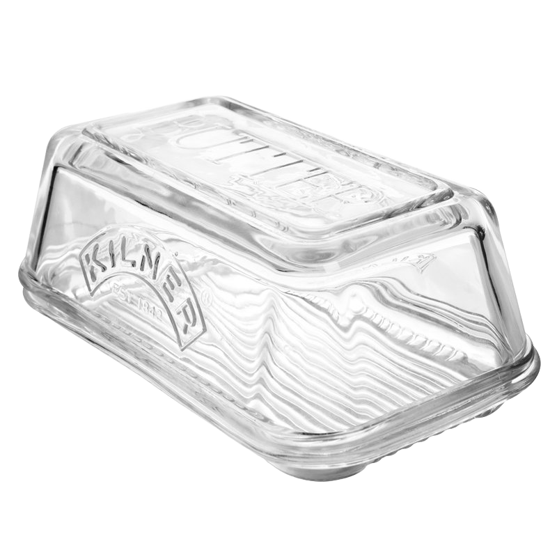 Transparent glass butter dish embossed with "Butter" on the lid and the Kilner® logo on the side, designed for fresh butter storage and serving in Kitchen & Food and Specialty Equipment collections.