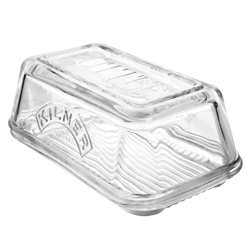 Transparent glass butter dish embossed with "Butter" on the lid and the Kilner® logo on the side, designed for fresh butter storage and serving in Kitchen & Food and Specialty Equipment collections.