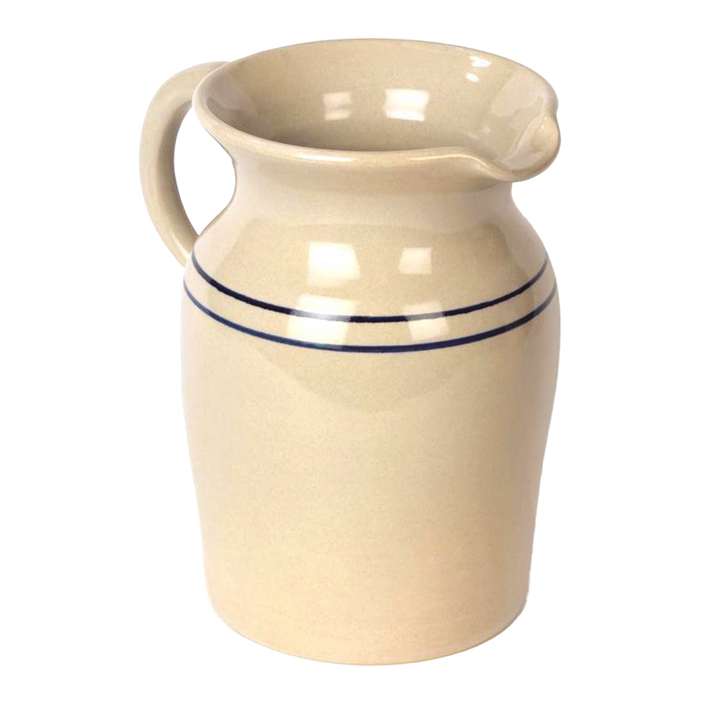 Handcrafted USA made durable glazed stoneware pitcher in cream with dual blue stripes, perfect for serving drinks or as an elegant vase, featured in Kitchen & Food and Dinnerware collections.