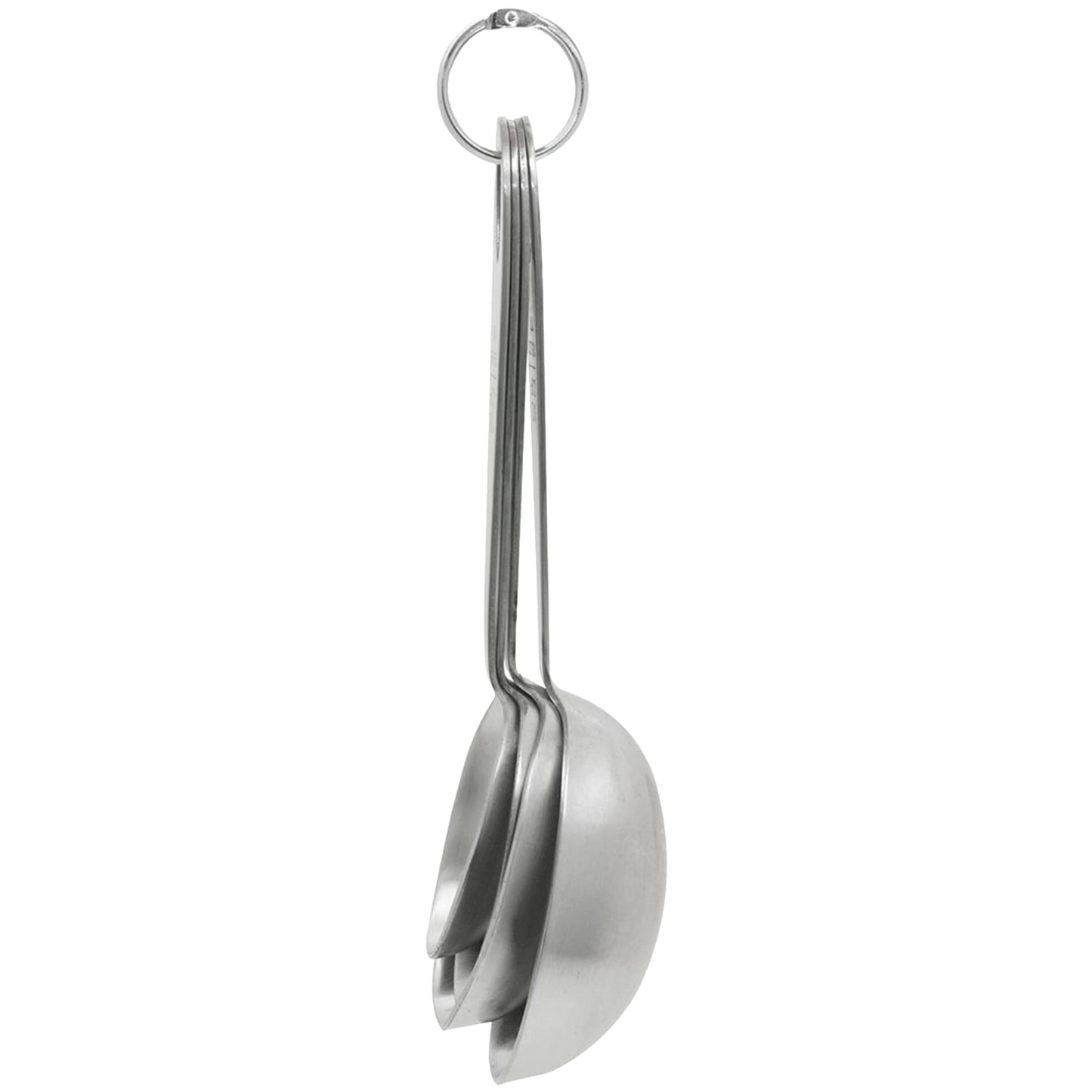Set of four large durable stainless steel measuring scoops held together by a metal ring, perfect for kitchen food prep, baking supplies, cookware, and cooking helpers collections.