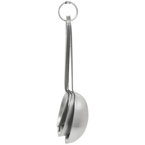 Set of four large durable stainless steel measuring scoops held together by a metal ring, perfect for kitchen food prep, baking supplies, cookware, and cooking helpers collections.